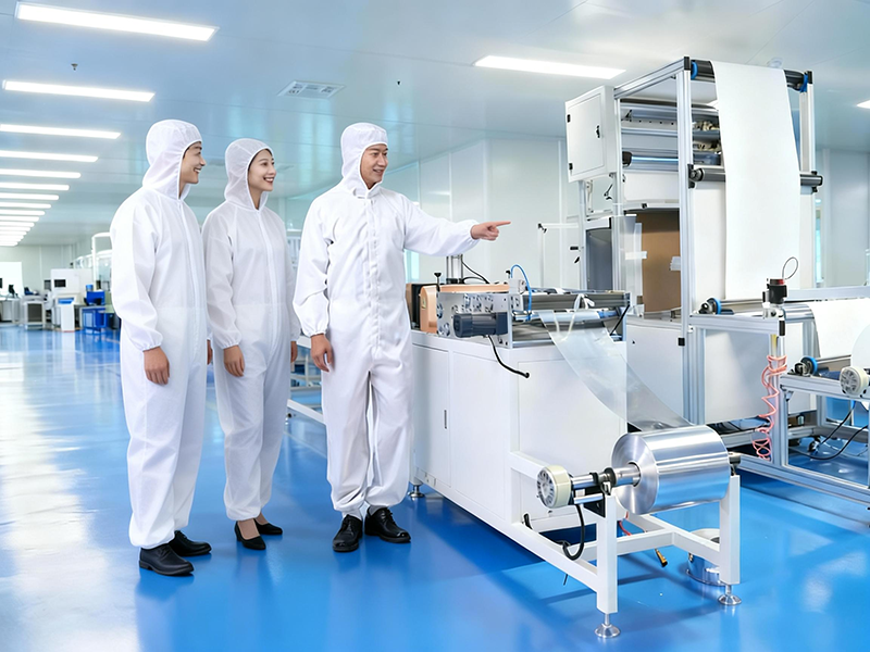 Professional manufacturing staff operating advanced machinery for air filter material processing