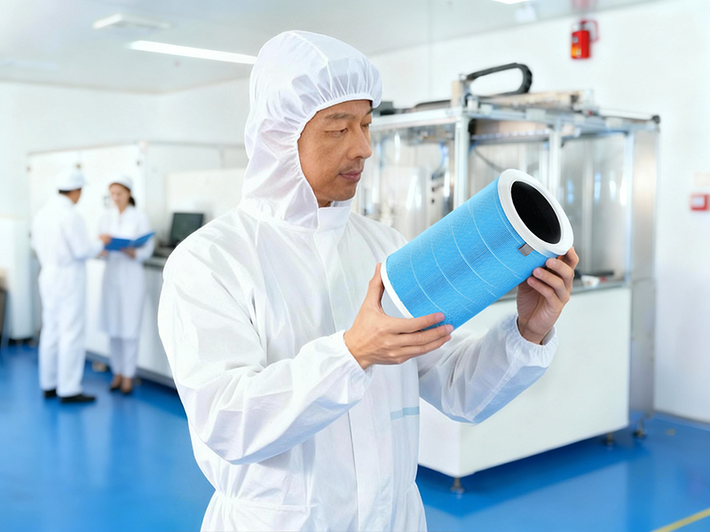 Final visual inspection of a custom OEM blue pleated filter cartridge before packaging