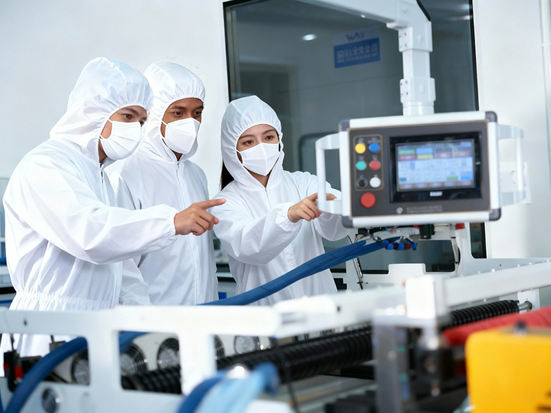 Engineering team operating advanced manufacturing equipment with HMI touchscreen interface