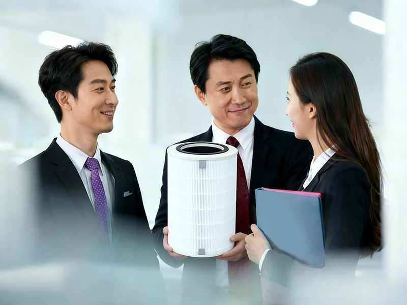 Professional air filter sales team discussing product specifications of a cylindrical cartridge with a client