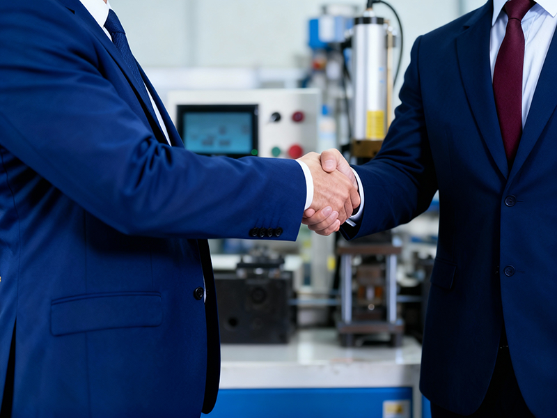 Successful B2B partnership handshake in an industrial manufacturing setting