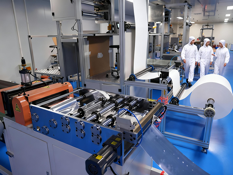 Engineering team in cleanroom suits walking through the automated air filter production facility