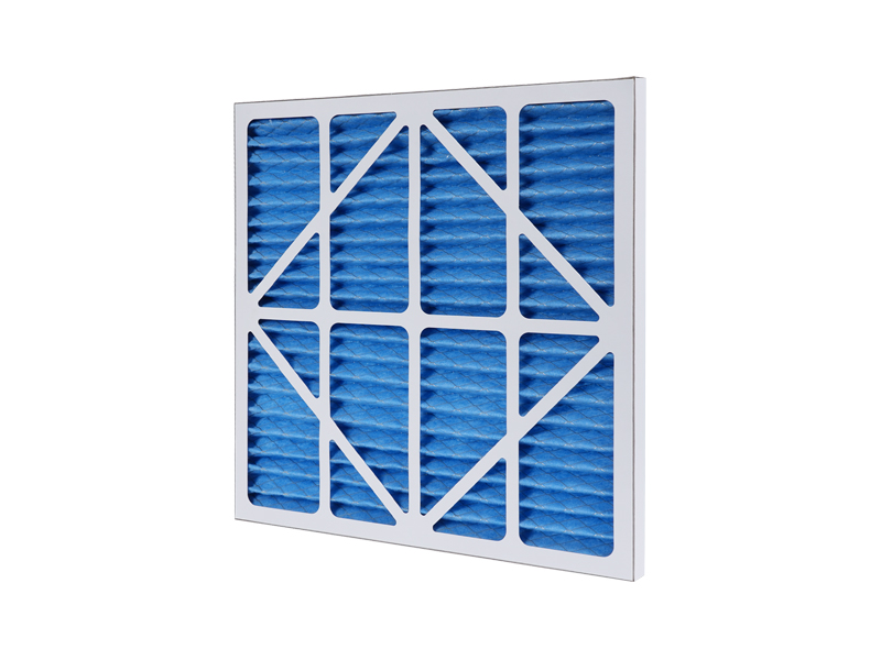 Blue pleated primary filter panel with cardboard frame for HVAC pre-filtration