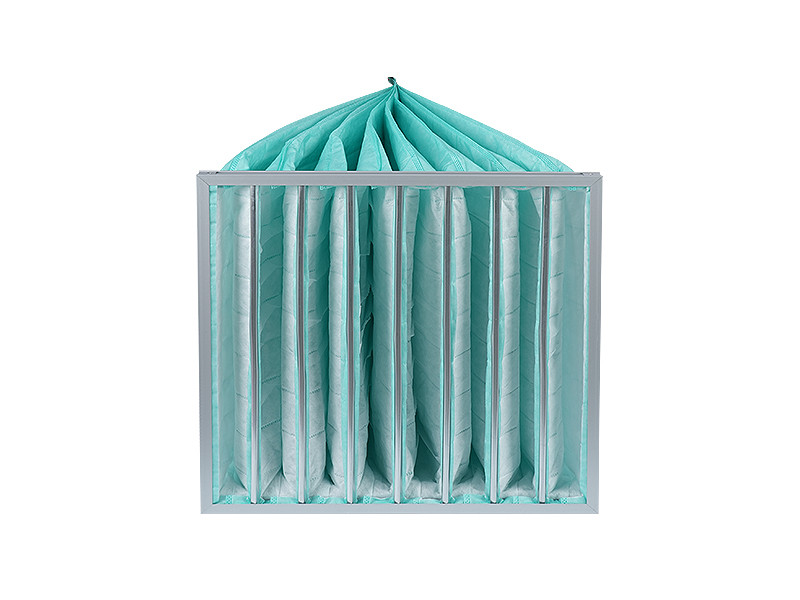 Green multi-pocket bag air filter used as a medium efficiency filter in HVAC systems with metal frame