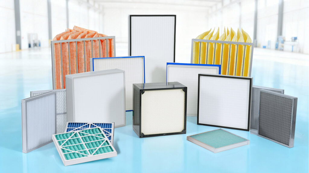 Industrial air filter manufacturer displaying diverse HVAC filters and materials