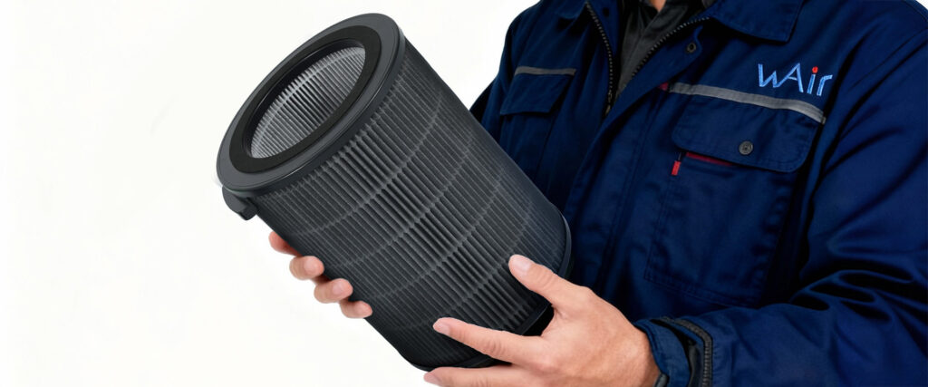 WAir technician holding a custom cylindrical pleated air filter cartridge for industrial equipment
