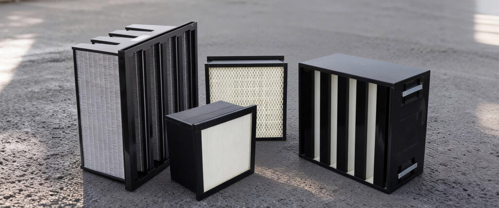 Assortment of V-bank and rigid box air filters for industrial gas turbines and heavy-duty ventilation