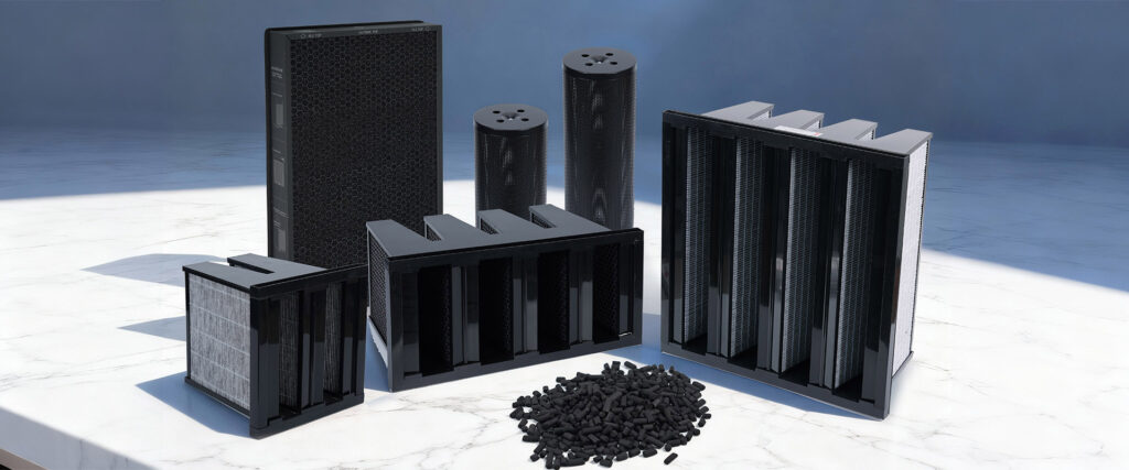 Raw activated carbon media pellets displayed with finished chemical air filters