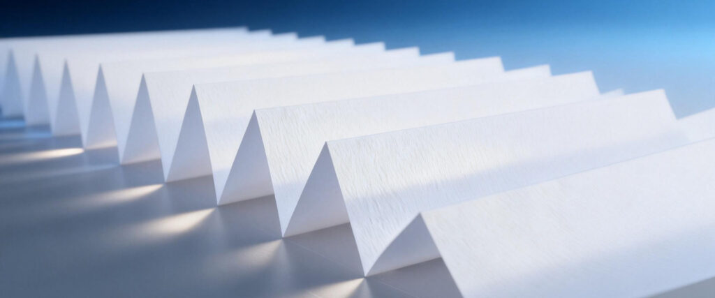 Close-up of white high-efficiency filter media with uniform zig-zag pleating
