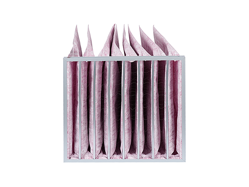 Pink fiberglass multi-pocket air filter designed for industrial air compressor intake systems